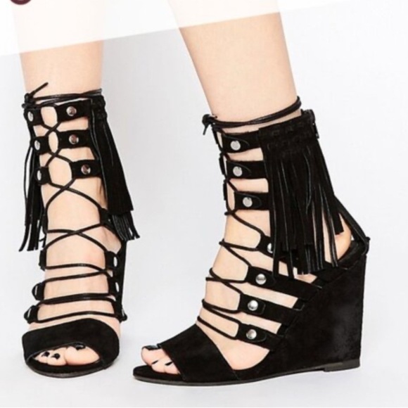 Free People Solstice Suede Fringe Wedge Sandals Black - Picture 15 of 16